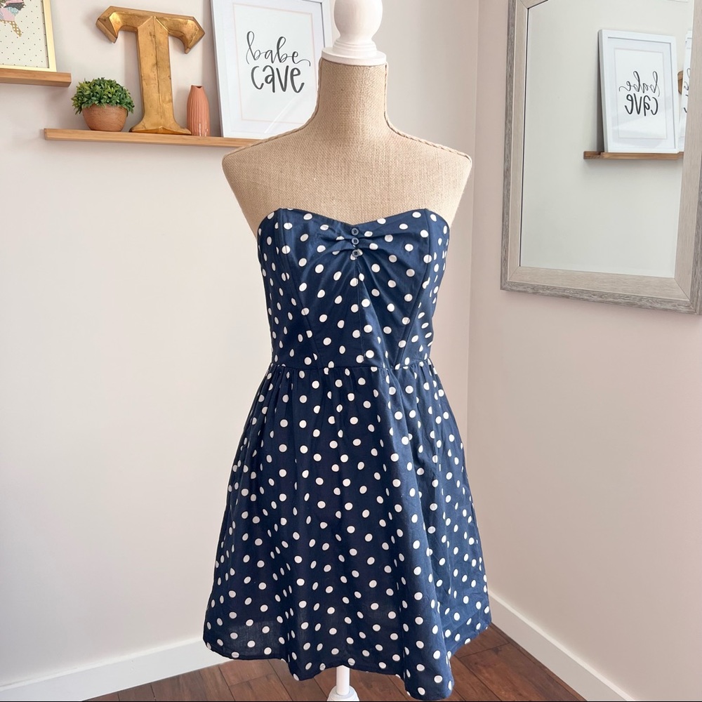 Navy Blue & White Polka Dot Strapless A Line Mini Dress